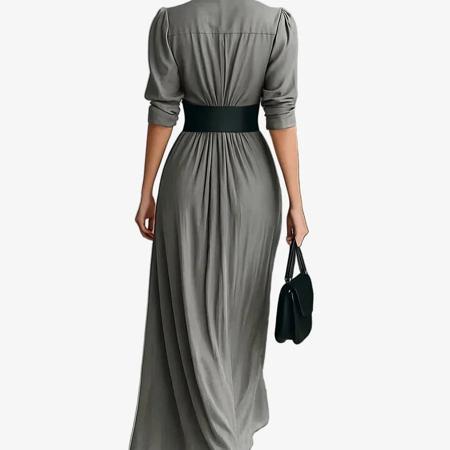 Chic women's long sleeve midi dress, V-neck button front. Elegant draped style ideal for fall & winter fashion.