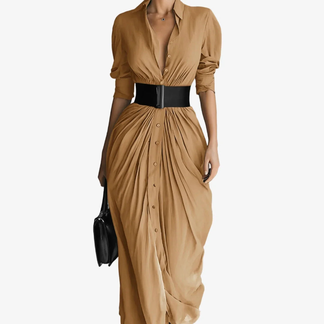 Stylish women's draped midi dress, V-neck, button front. Versatile for casual chic or elegant occasions.