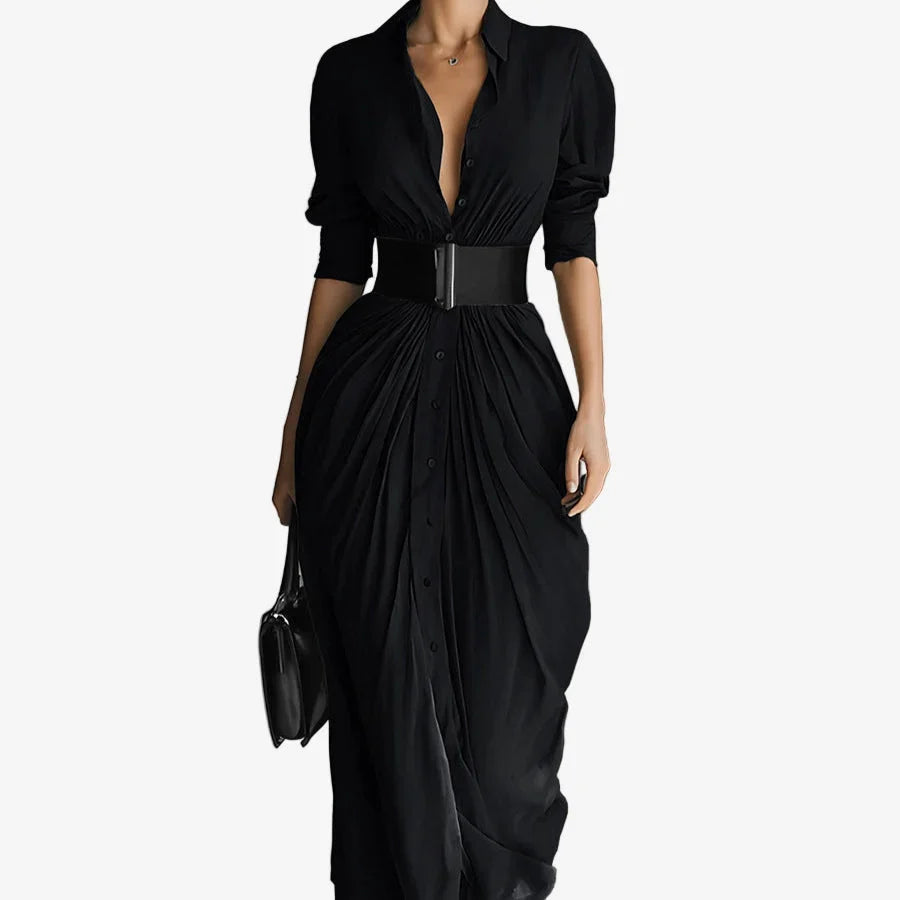 Flowy women's elegant midi dress. Draped long sleeves & V-neck button front for a flattering silhouette.
