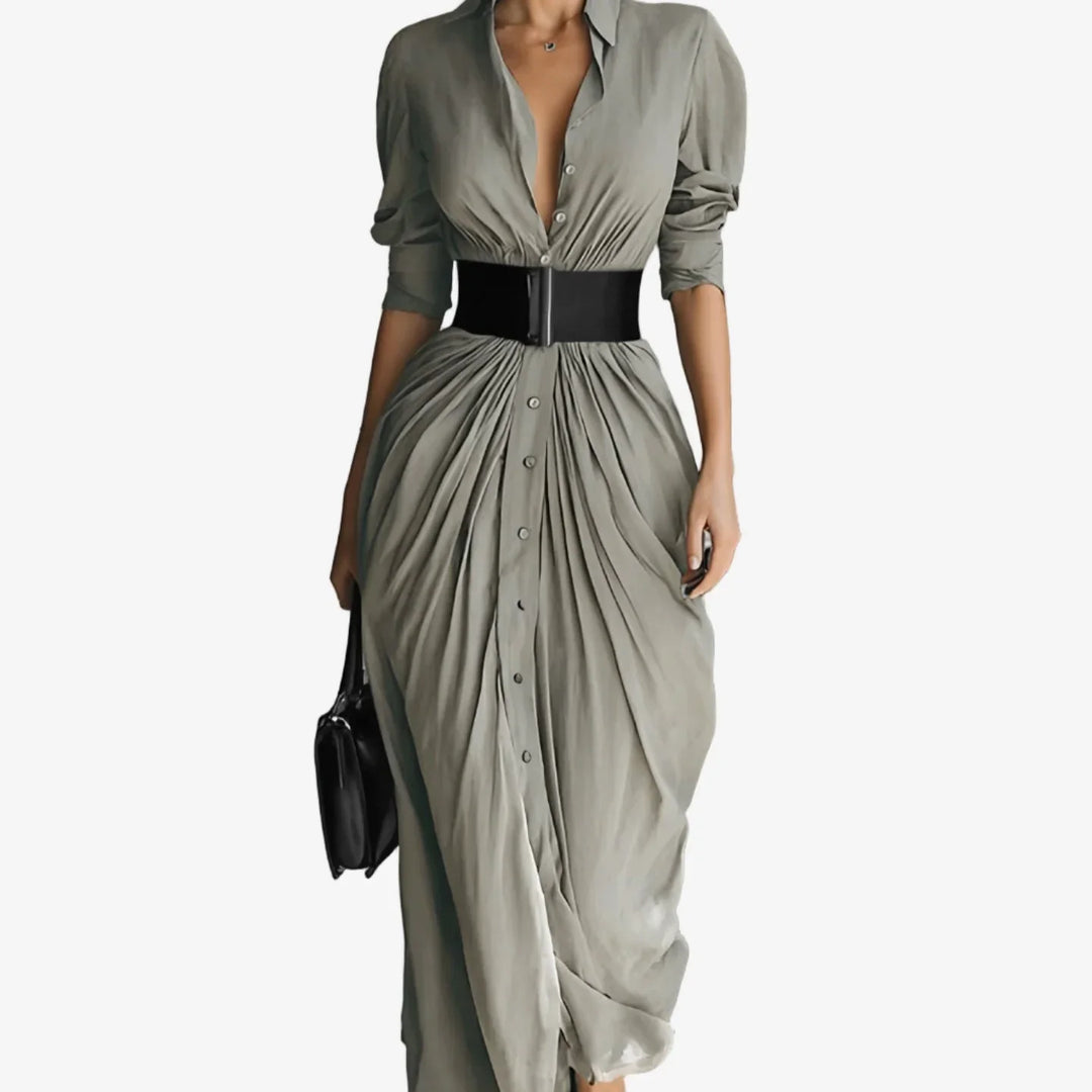 Elegant women's long sleeve midi dress with V-neck button front, draped fabric. Perfect for fall & winter.