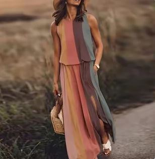 Women's elegant sleeveless maxi dress front view; flowing design, flattering silhouette; perfect for any occasion.