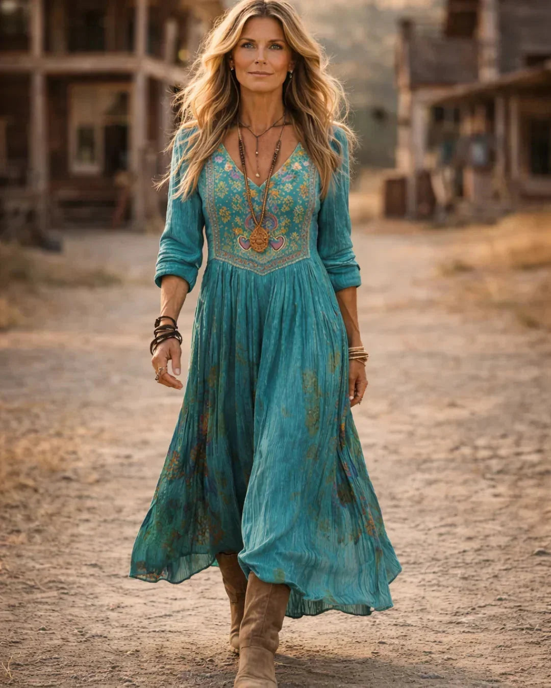 Bohemian V-neck long sleeve maxi dress for women, featuring intricate embroidery & flowy silhouette. Perfect for summer.