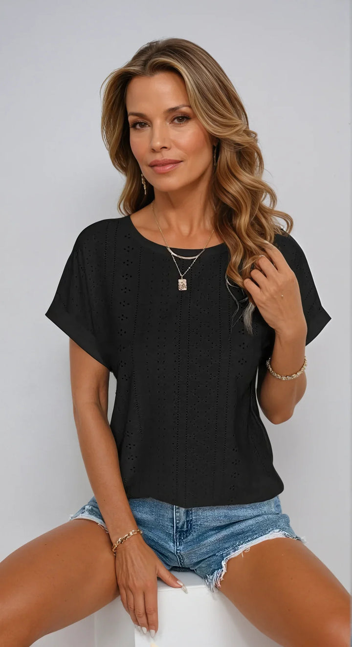 White eyelet crew-neck top, women's short sleeve blouse. Perfect for casual elegant summer fashion.
