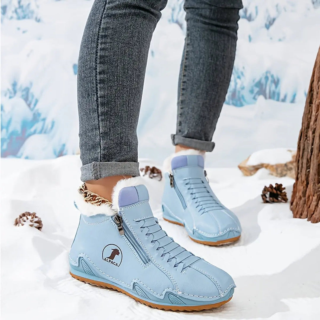 Women's warm zip-up winter ankle boots with cozy faux-fur lining for cold weather.