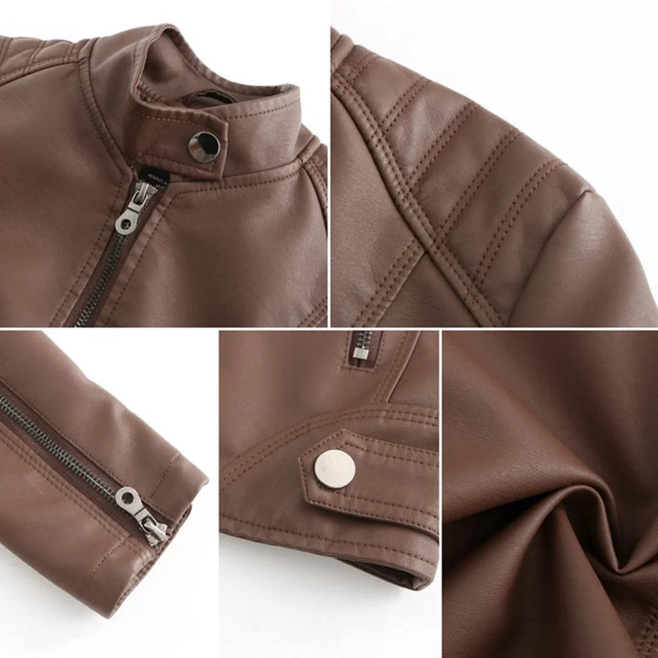 Contemporary women's jacket with a distinct stand collar & practical zip pockets. Casual yet elegant outerwear.