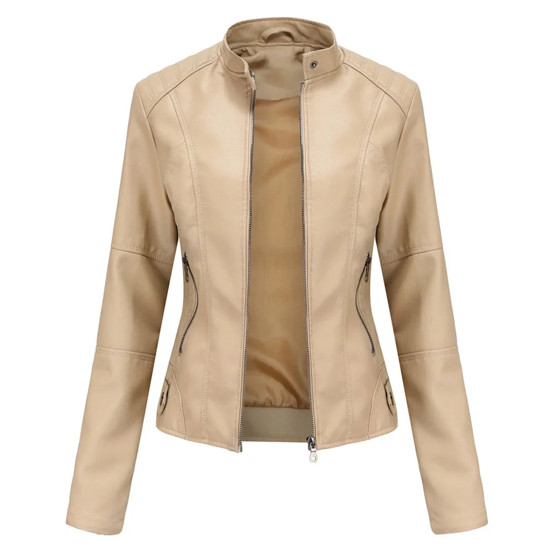 Versatile women's jacket with a trendy stand collar & convenient zip pockets. Ideal for everyday chic wear.