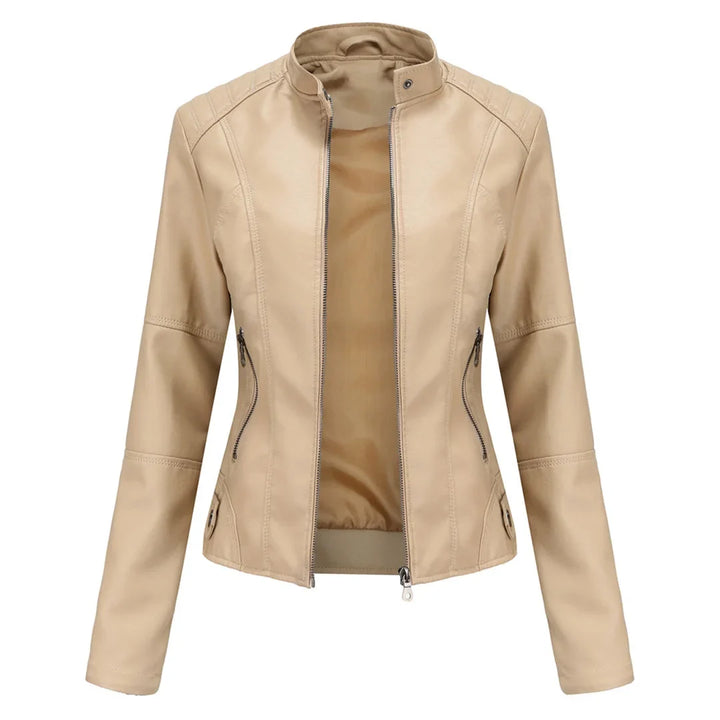 Versatile women's jacket with a trendy stand collar & convenient zip pockets. Ideal for everyday chic wear.