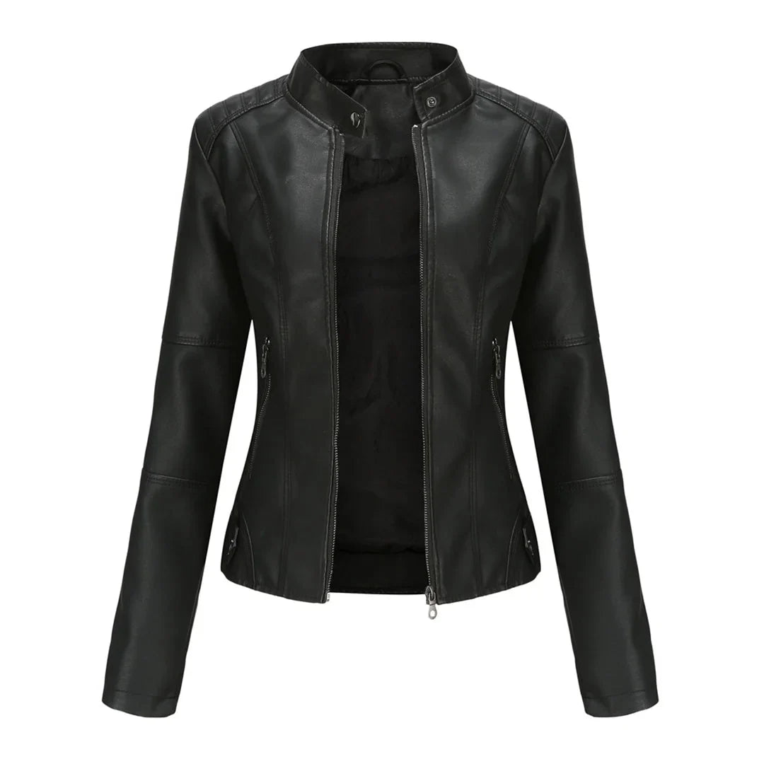 Stylish women's jacket with a chic stand collar & practical zip pockets. Modern and versatile outerwear fashion.