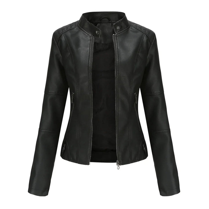 Stylish women's jacket with a chic stand collar & practical zip pockets. Modern and versatile outerwear fashion.