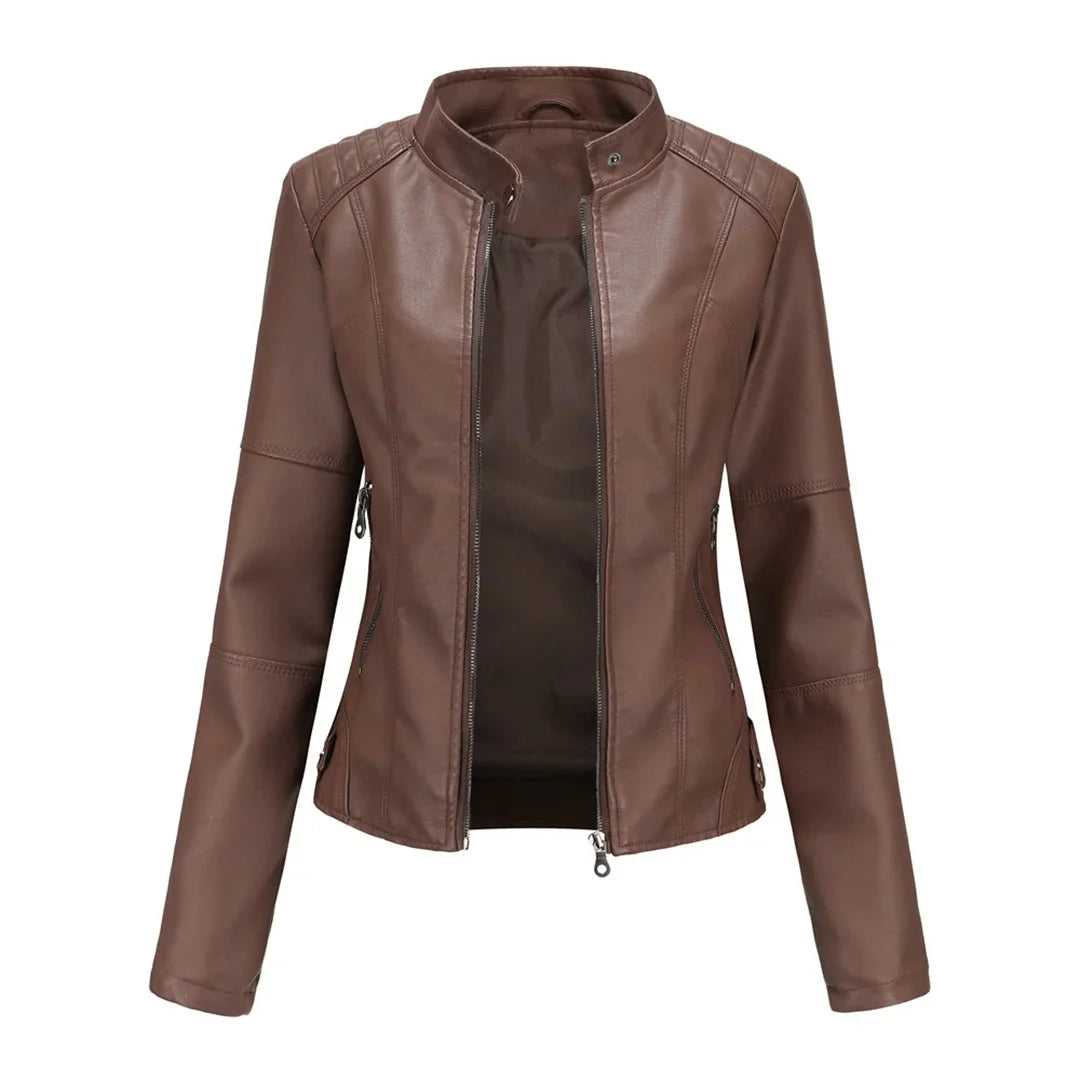 Chic women's jacket, perfect for fashion-forward looks. Features a stand collar & discreet zipper pockets.