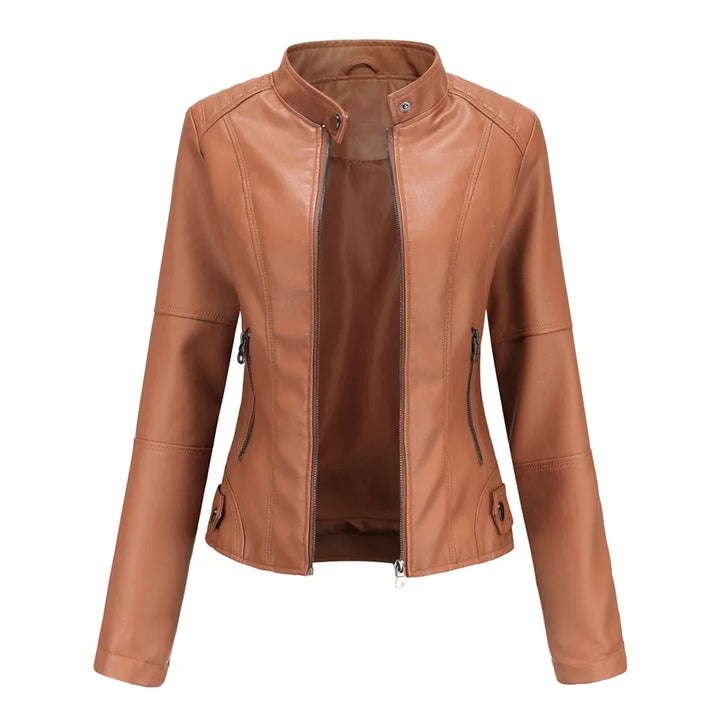 Modern women's outerwear jacket with a sleek stand collar design & functional zip pockets. Fashionable style.