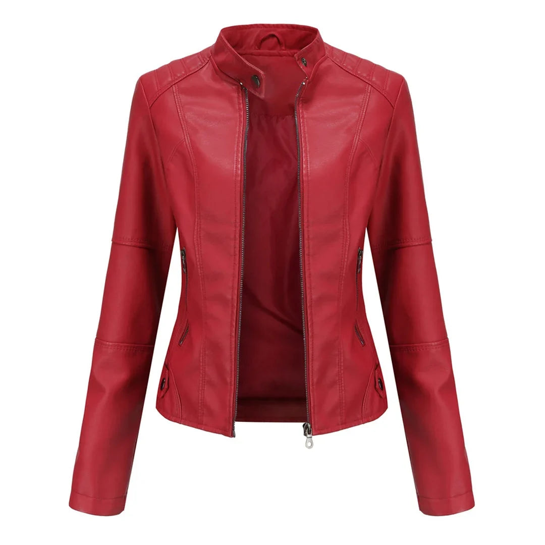 Elegant women's jacket featuring a stand collar & secure zipper pockets. Perfect for casual or chic outfits.