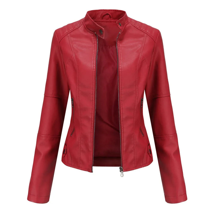 Elegant women's jacket featuring a stand collar & secure zipper pockets. Perfect for casual or chic outfits.