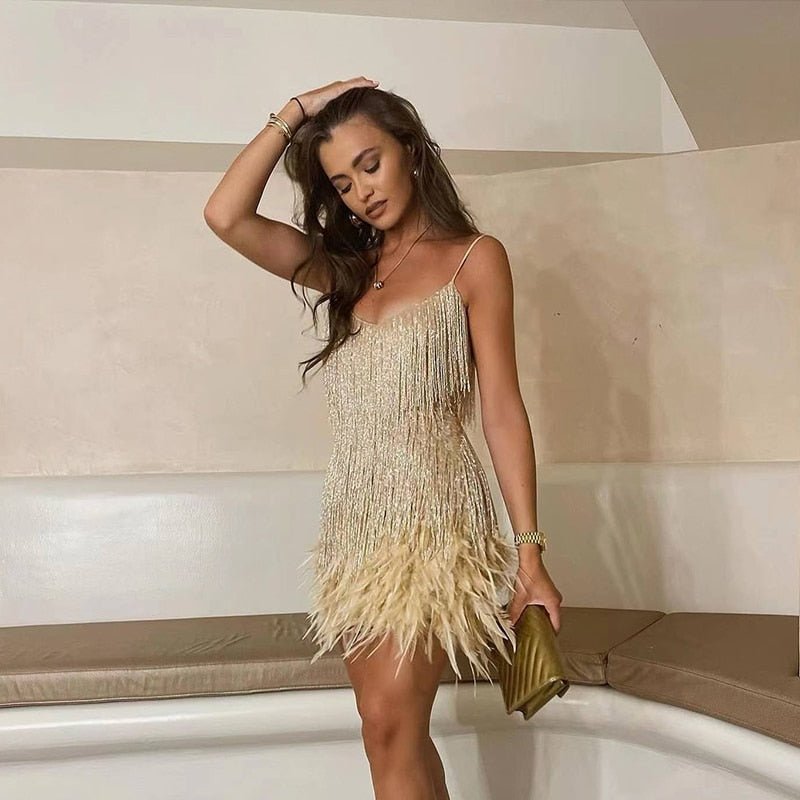 "Women's feather mini dress with elegant detailing, chic silhouette and luxurious feather accents for special occasions."