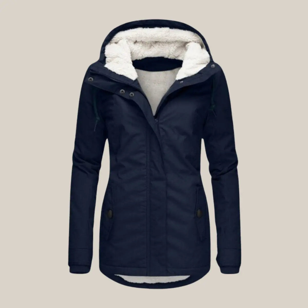 Women's fleece-lined hooded quilted winter jacket for ultimate warmth & style in cold weather.