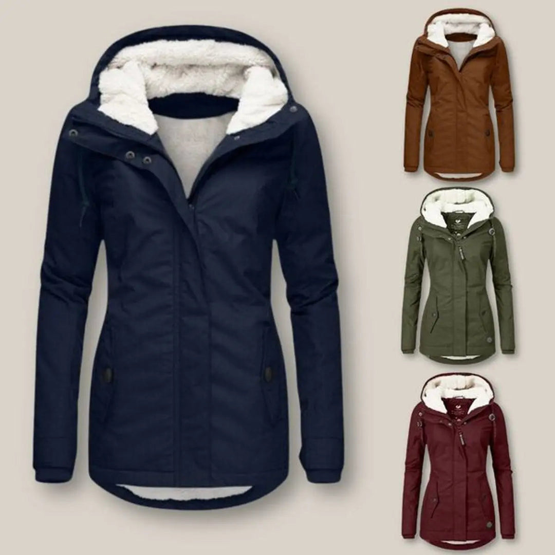 Durable women's winter outerwear: a hooded, fleece-lined, quilted jacket built for cold weather.