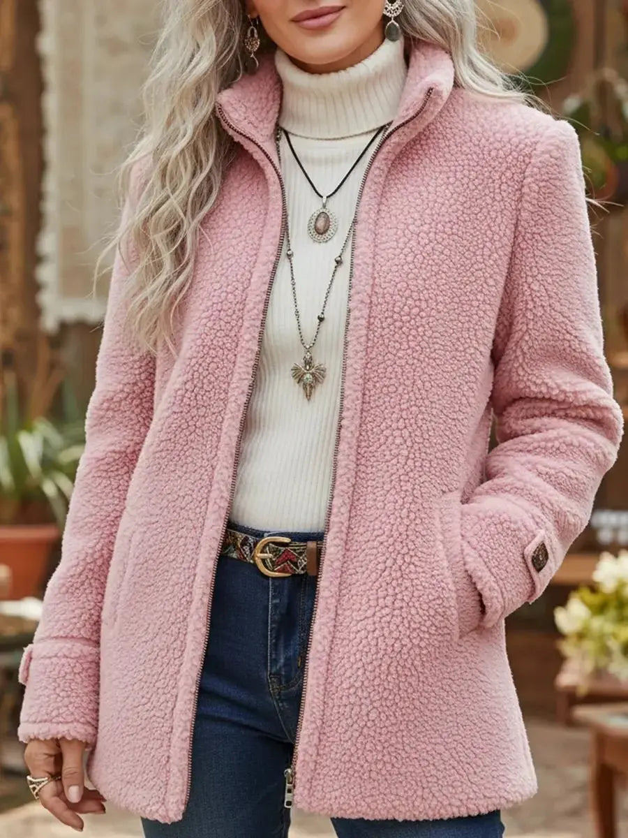 Women's cozy teddy fleece full-zip coat with a stand collar, perfect for winter warmth and casual style.