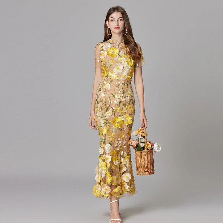 Scarlett floral applique sleeveless maxi dress for elegant women's special occasions.