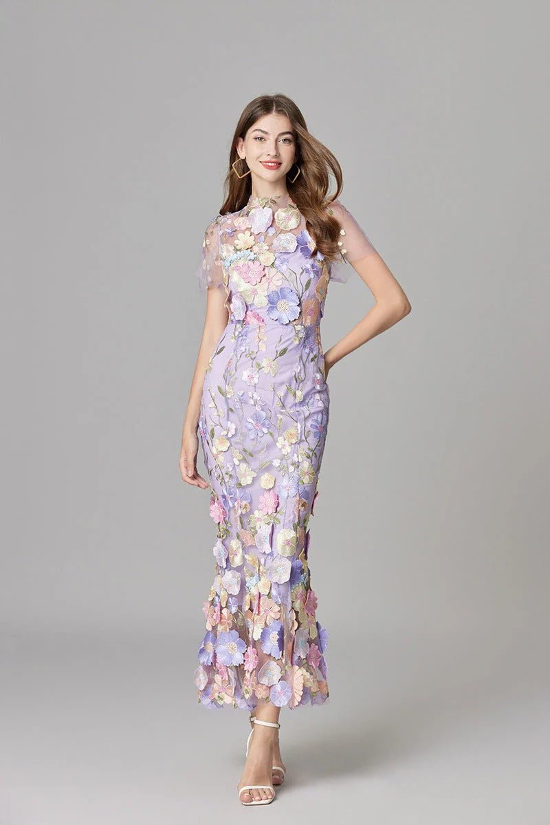 Scarlett special occasion floral applique sleeveless maxi dress. Perfect for parties.