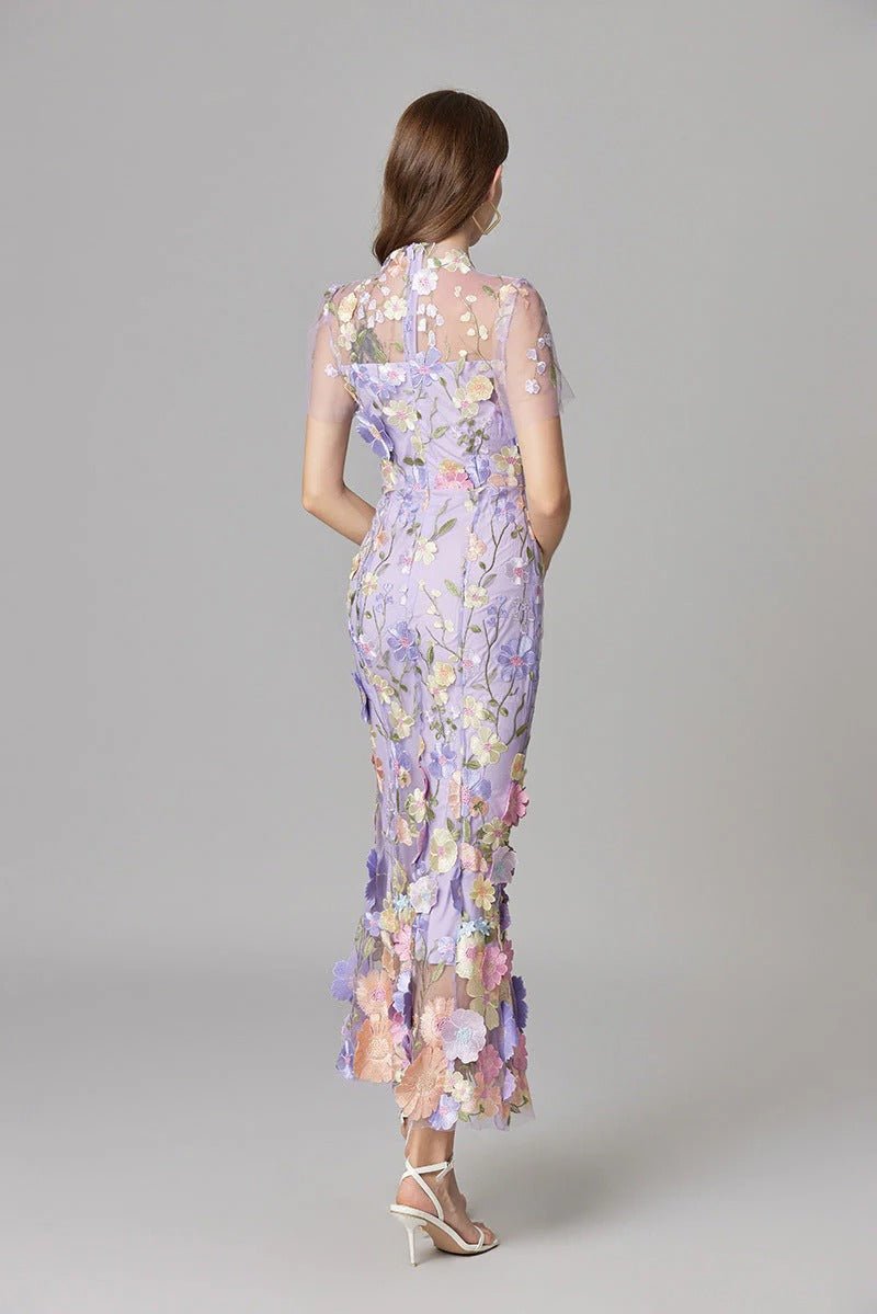 Sophisticated Scarlett floral applique sleeveless long dress, perfect for elegant evening wear.