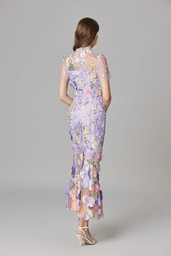 Sophisticated Scarlett floral applique sleeveless long dress, perfect for elegant evening wear.