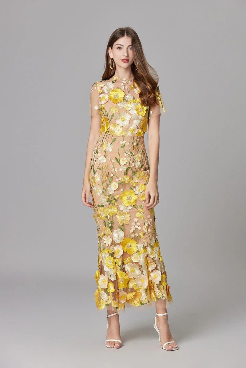 Scarlett wedding guest floral applique sleeveless maxi dress, elegant and stylish.
