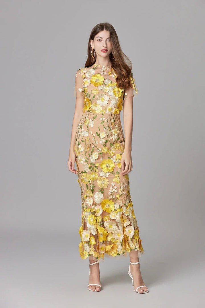 Scarlett wedding guest floral applique sleeveless maxi dress, elegant and stylish.