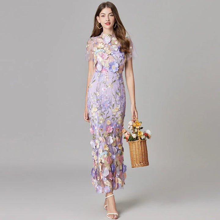 Sleeveless floral applique maxi dress in Scarlett, ideal for wedding guests & formal events.