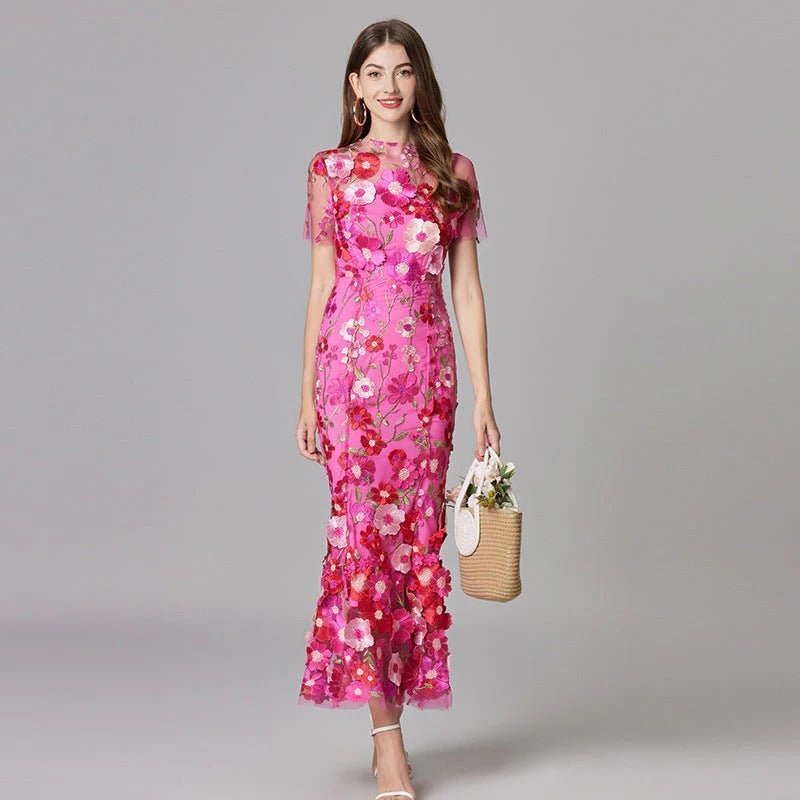 Sophisticated Scarlett floral applique sleeveless maxi dress; stunning evening gown for women.
