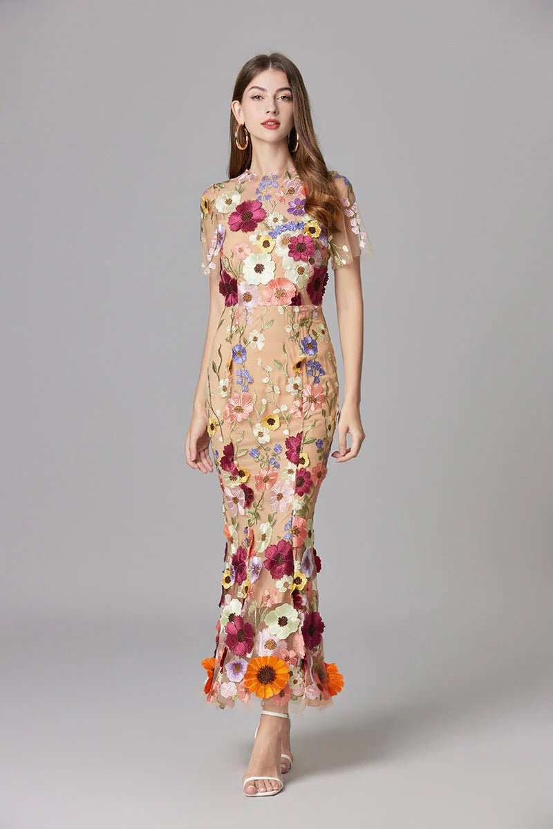 Summer fashion Scarlett floral applique sleeveless maxi dress, for sophisticated style.