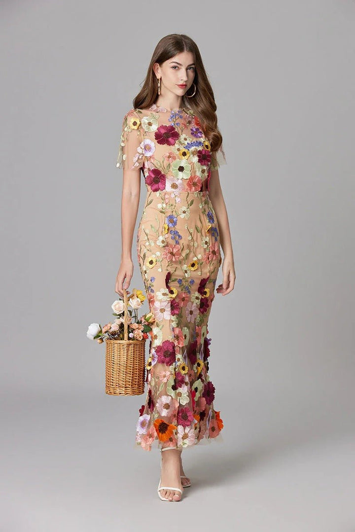 Scarlett floral embroidered sleeveless maxi dress, an elegant choice for formal events.
