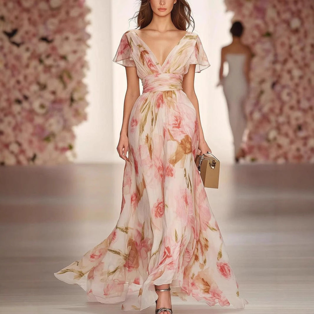 "Women's floral fit and flare maxi dress with deep V-neck and flutter sleeves, featuring an elegant and charming silhouette."