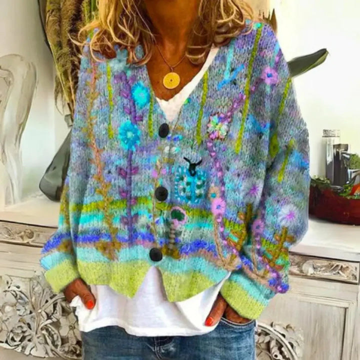Elegant women's v-neck floral button-up cardigan, versatile outerwear with colorful print for fall & winter.