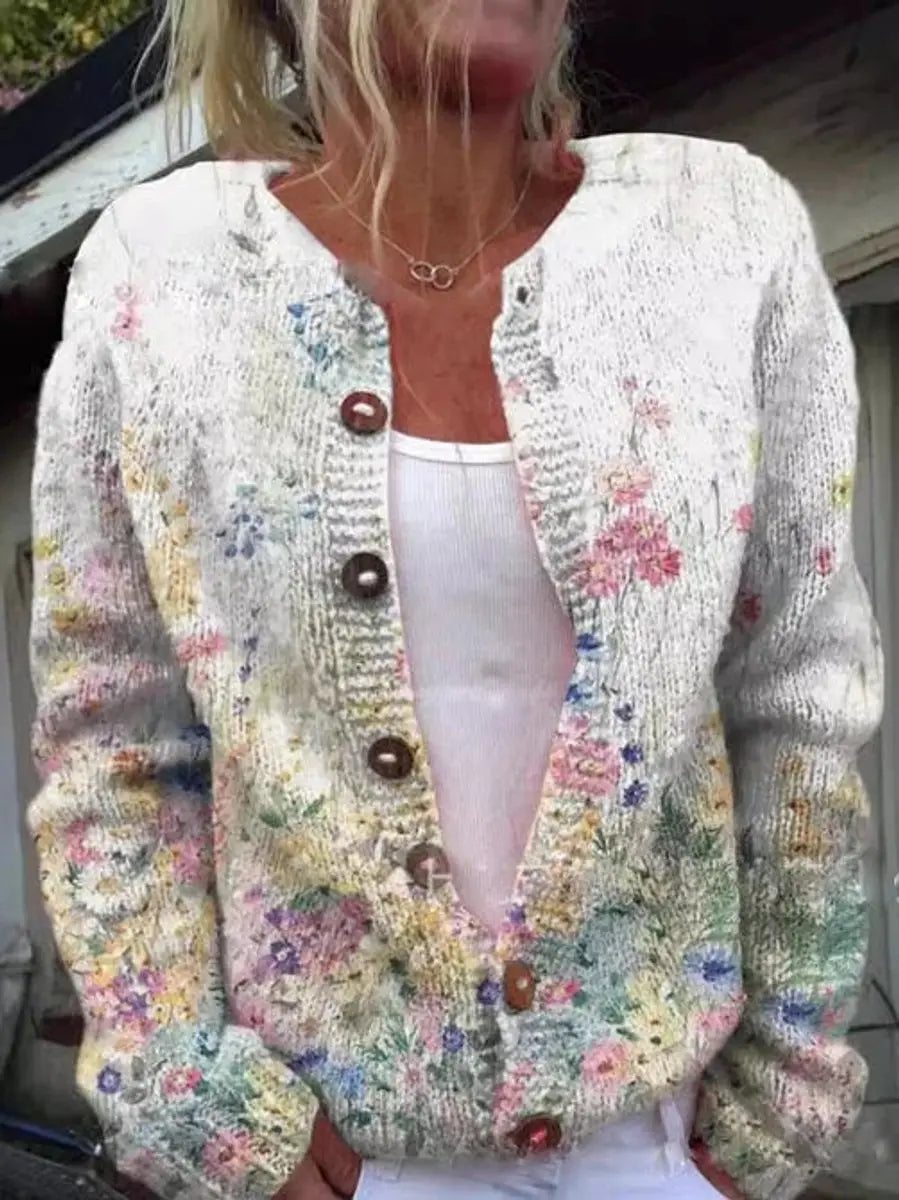 Stylish women's floral knit button-up cardigan vest. Ideal for autumn and winter fashion, a versatile layering top.