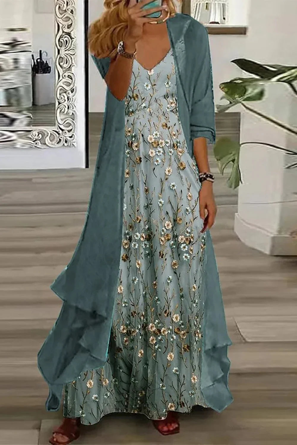 Elegant women's teal floral maxi dress set with V-neck slip dress & matching duster cardigan for spring/summer.