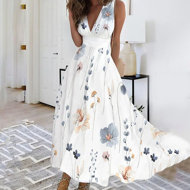 "Women's Floral Maxi Dress, V-neck, sleeveless, vibrant floral print, summer style, breathable fabric, elegant design."