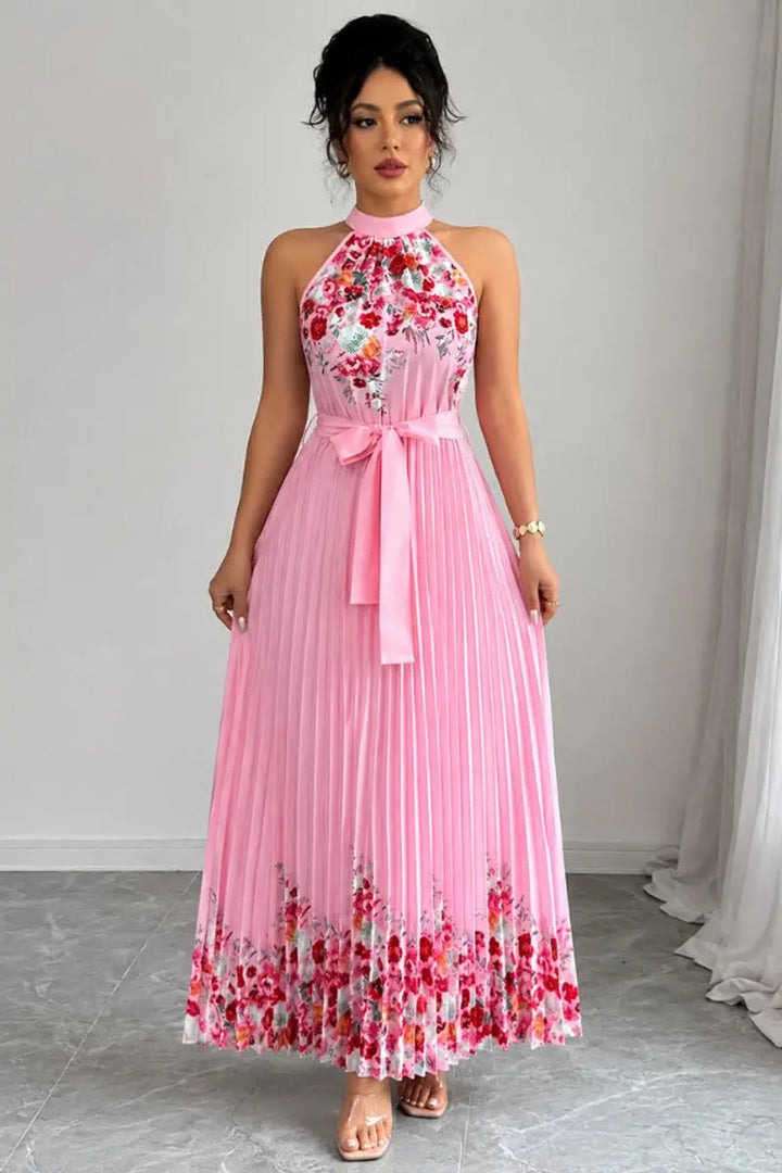 Elegant floral pleated halter maxi dress for women, perfect for evening, party or wedding guest.
