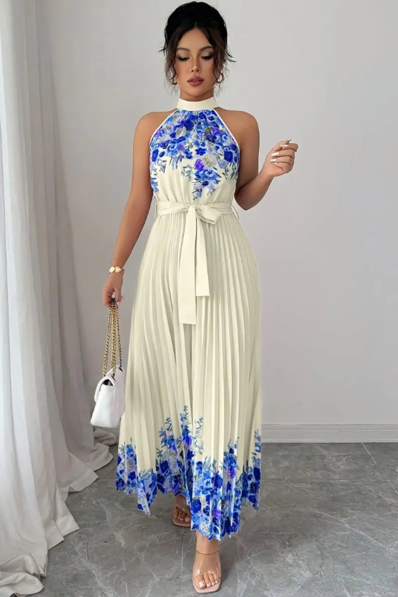 Lightweight women's floral pleated halter maxi dress, comfortable for summer parties or evening.