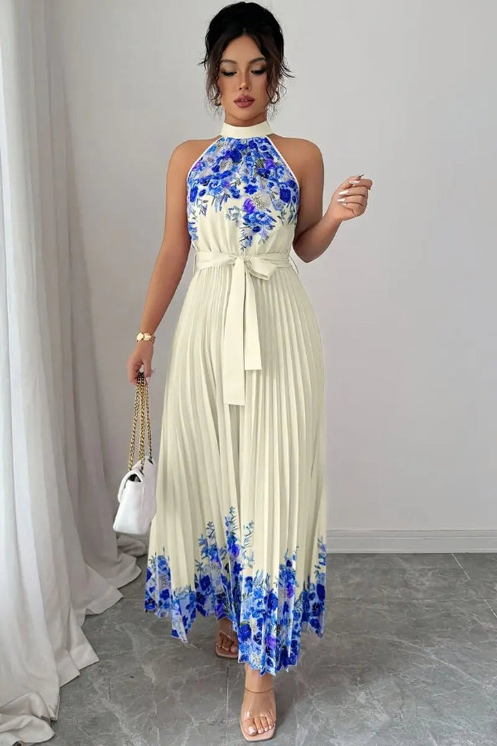 Lightweight women's floral pleated halter maxi dress, comfortable for summer parties or evening.