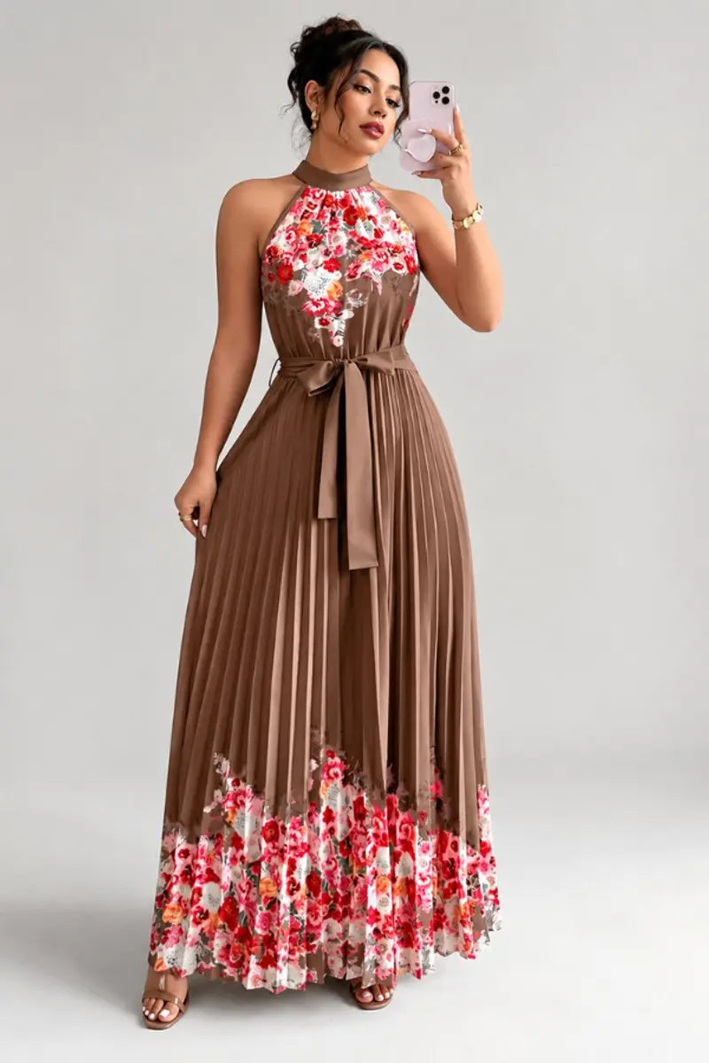 Elegant women's floral pleated halter maxi evening gown, perfect party, wedding guest dress.
