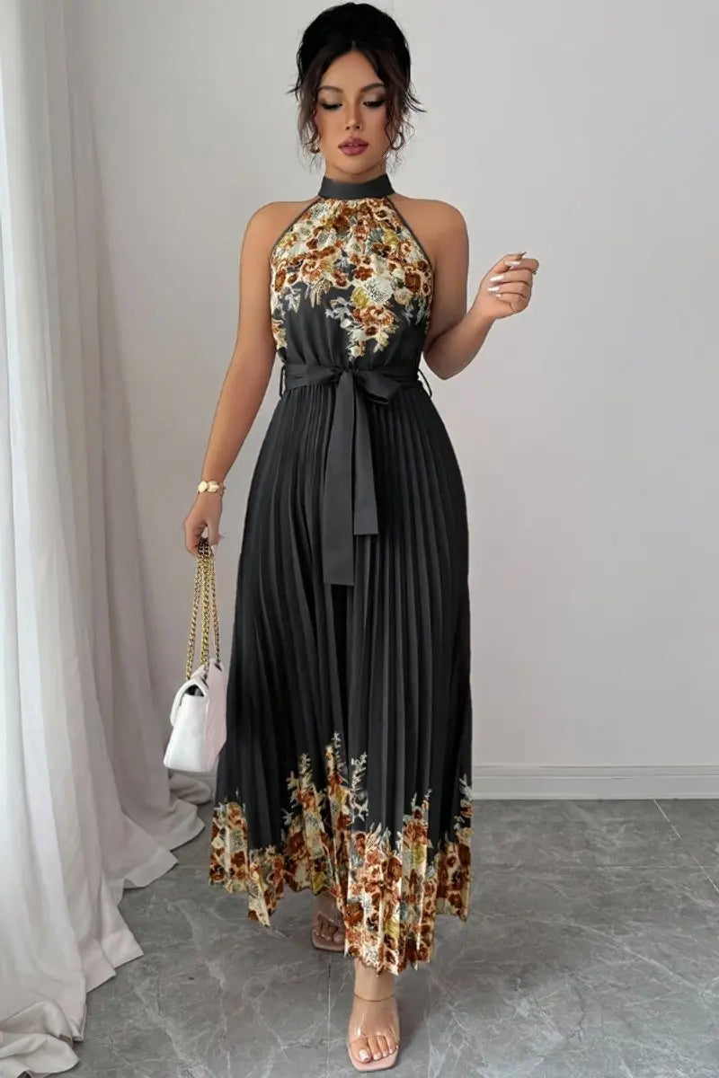 Complete elegant women's floral pleated halter-neck maxi gown look for formal events.