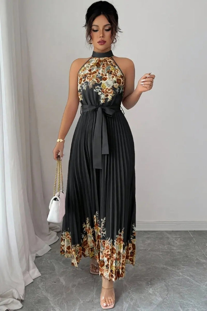 Complete elegant women's floral pleated halter-neck maxi gown look for formal events.