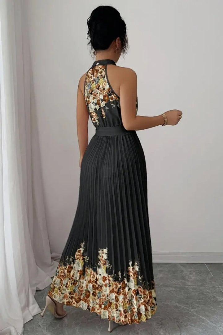 Premium floral pleated halter-neck maxi evening gown for women, sophisticated and stylish.