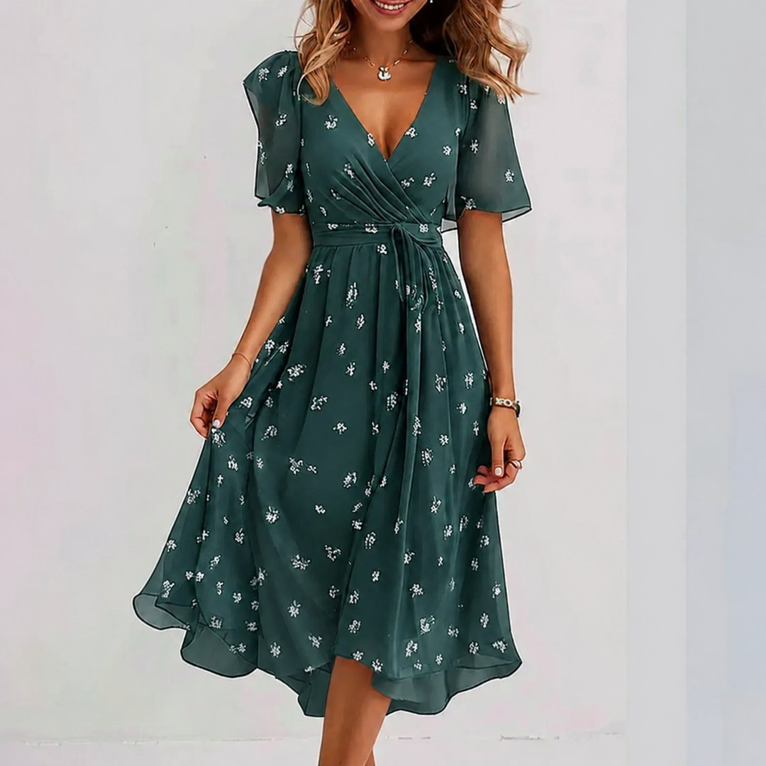 Elegant women's floral wrap midi dress with V-neck, perfect for summer. Available in green, blue, pink, beige.