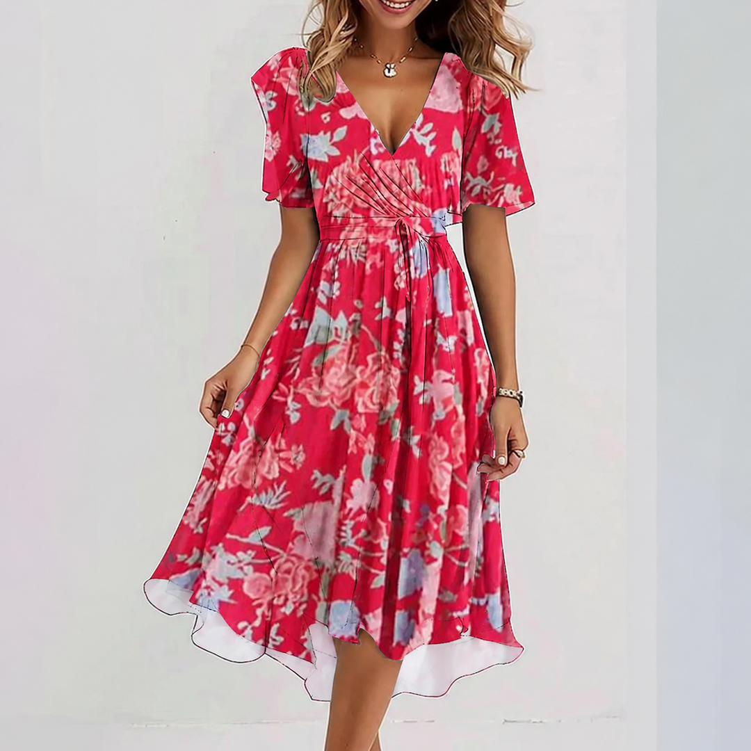 Elegant women's floral wrap midi dress with a flattering V-neck, perfect for sophisticated summer style.