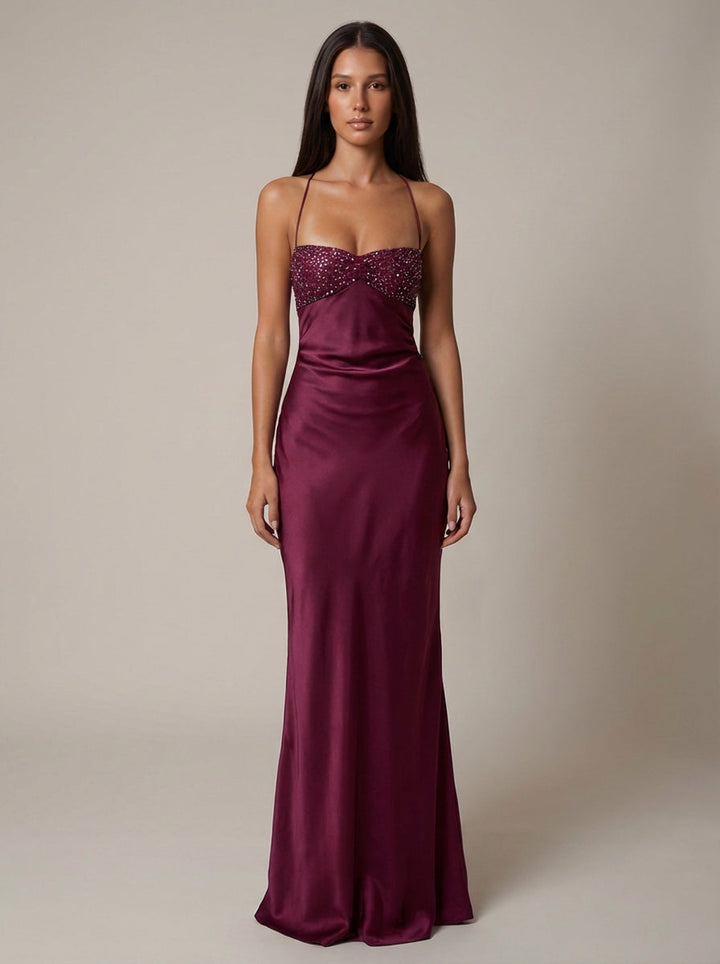 Stylish halter neck maxi dress, a comfortable formal gown for women's special occasion wear.