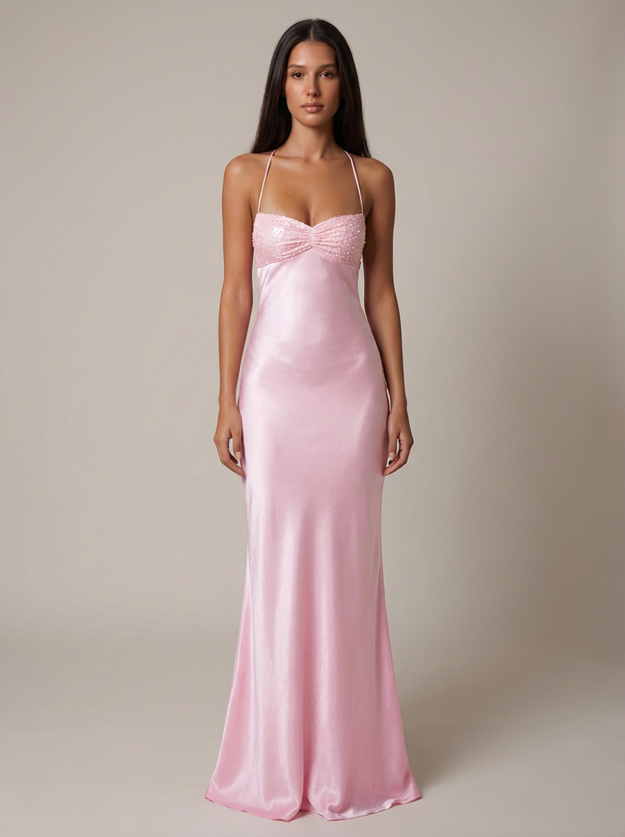 Elegant women's halter neck maxi gown, perfect for evening wear, formal occasions & special events.