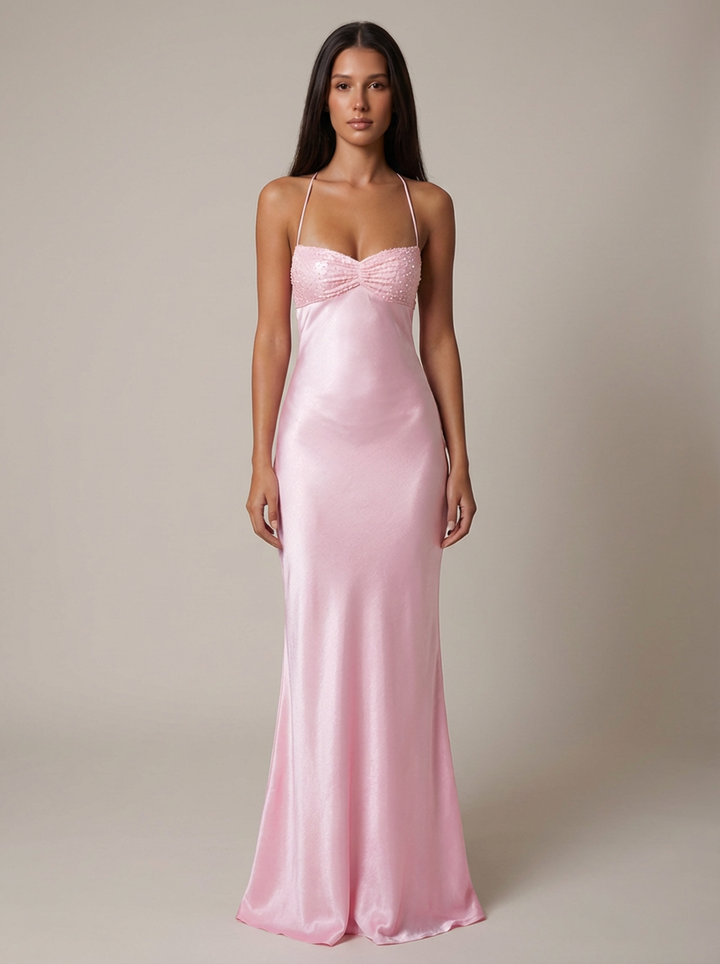 Elegant women's halter neck maxi gown, perfect for evening wear, formal occasions & special events.