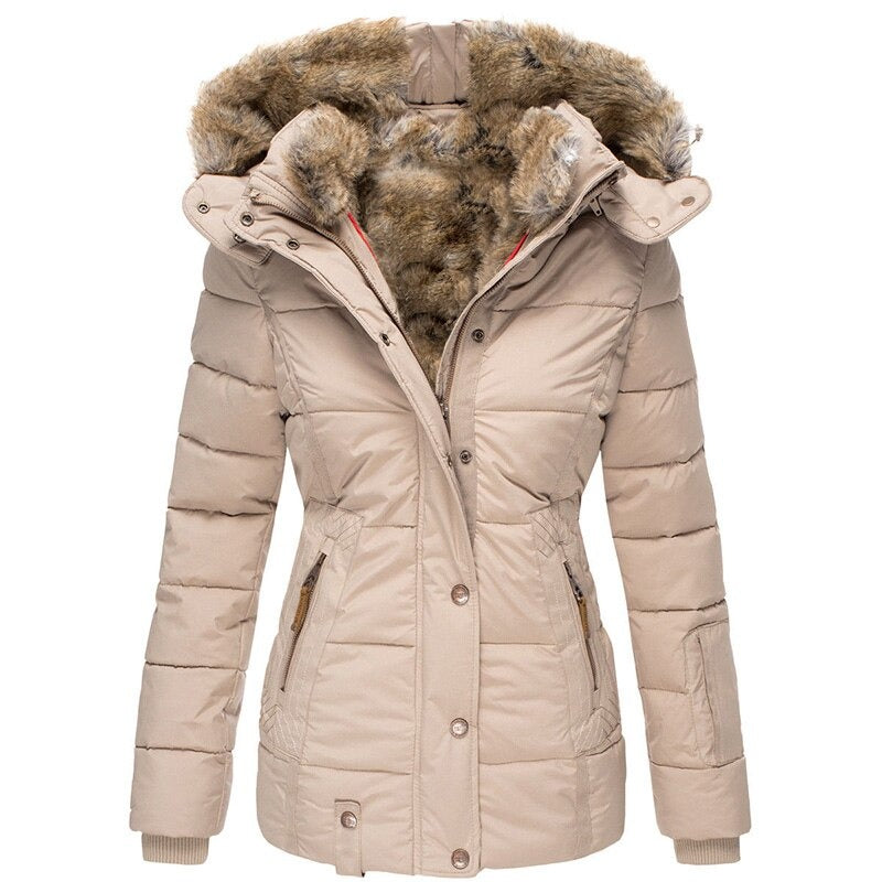 Women's fur-lined winter coat in navy blue, warm waterproof insulation, with plush lining and tailored fit for versatile styl