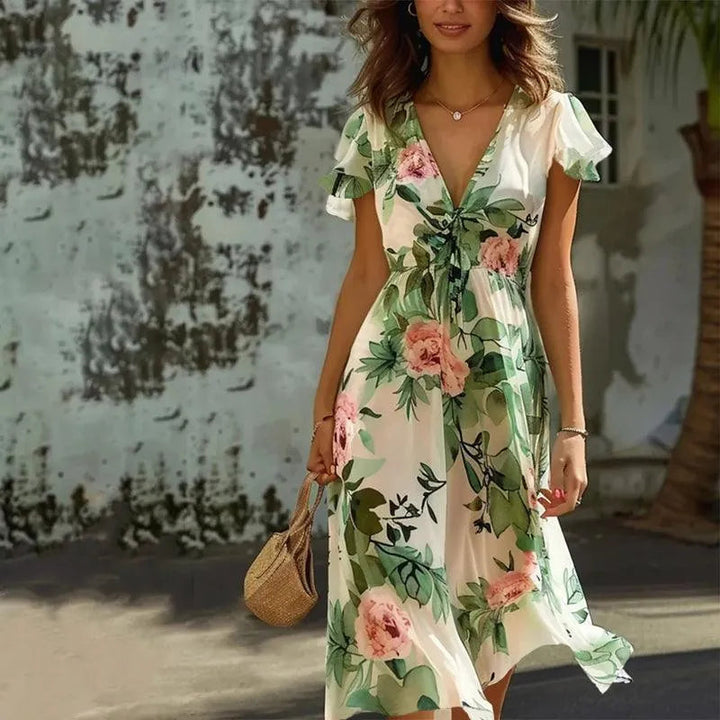 "Women's green floral midi dress with flowy A-line skirt, V-neckline, fitted waist, and flutter sleeves for elegant style"